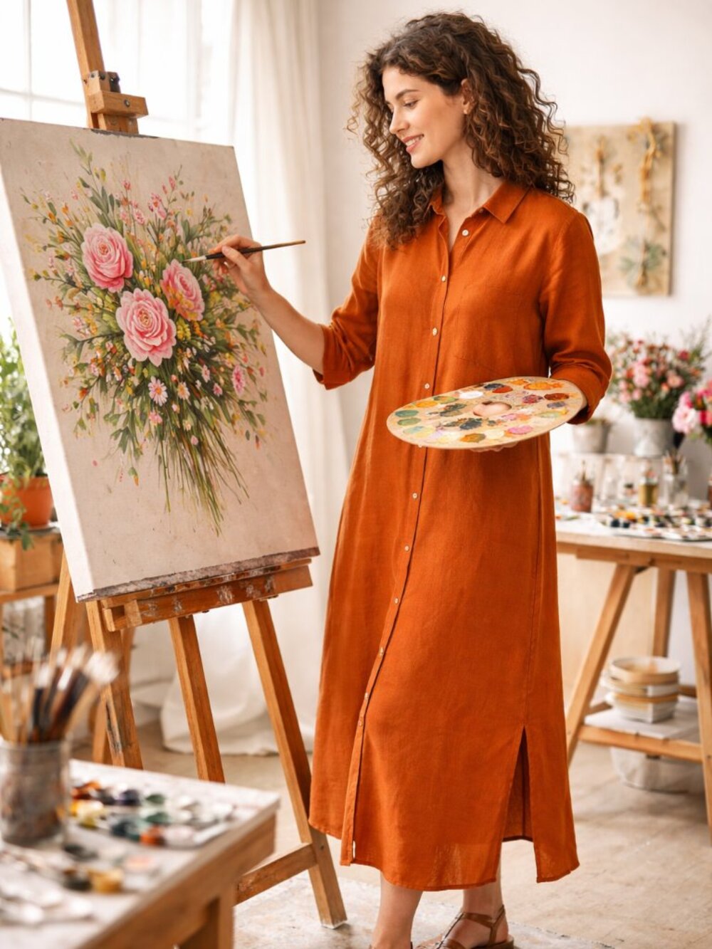 J.Jill Love Linen Maxi Shirt Dress Small Petite Rust Orange 100% Linen Pockets